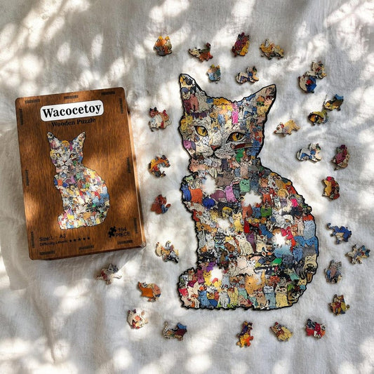 Wooden Cat Puzzle Toy: Challenging Animal Shaped Jigsaw for Adults and Kids