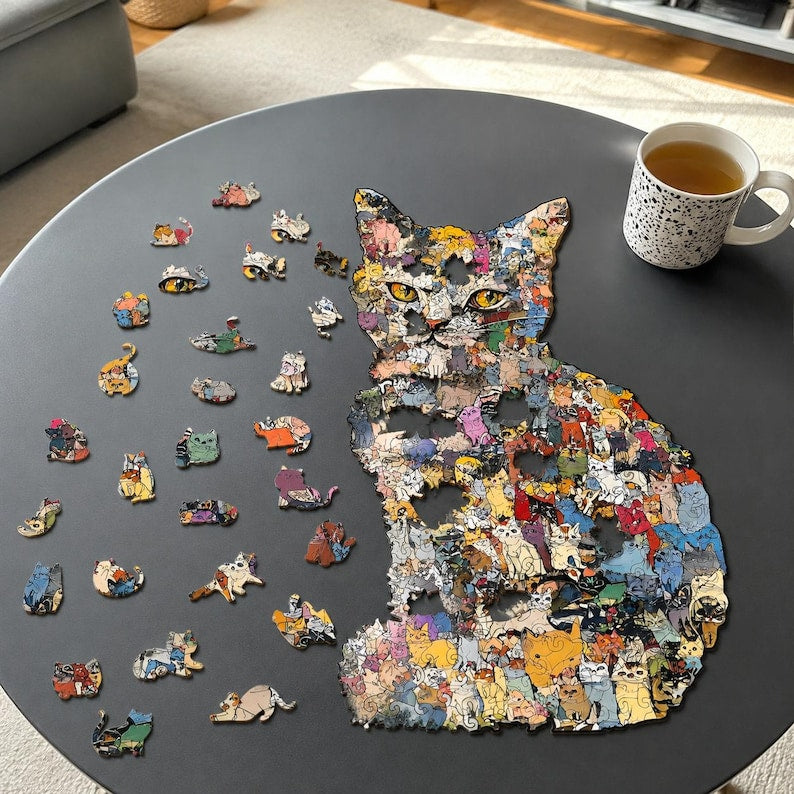Wooden Cat Puzzle Toy: Challenging Animal Shaped Jigsaw for Adults and Kids