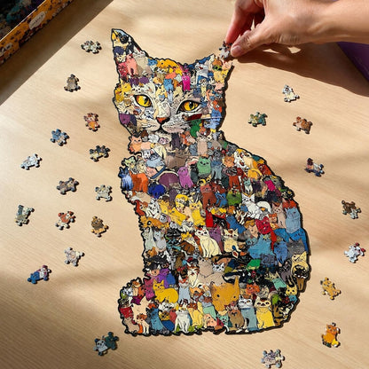 Wooden Cat Puzzle Toy: Challenging Animal Shaped Jigsaw for Adults and Kids