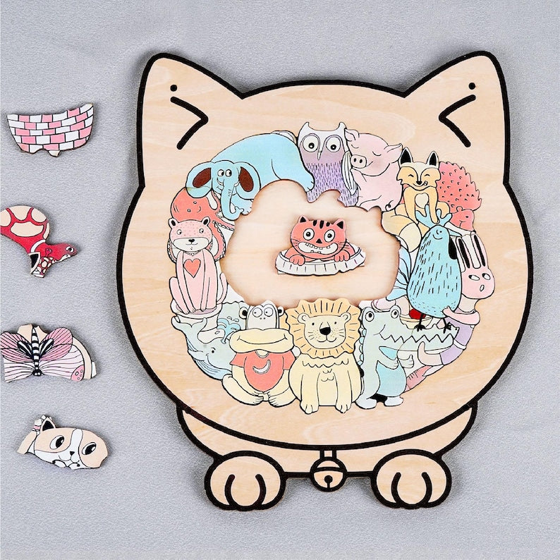 Kids Animal Wooden Puzzle, Cat Shaped Jigsaw Puzzle, Toddler Learning Toy, Educational Gift for Kids, Animal Puzzle, Family Game Night