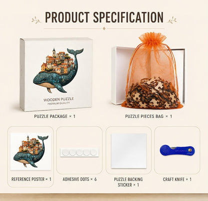 Blue Whale Wooden Puzzle, Mediterranean Village Jigsaw Puzzle, Unique Shape Wooden Puzzle, Ocean Lover Gift, birthday gift