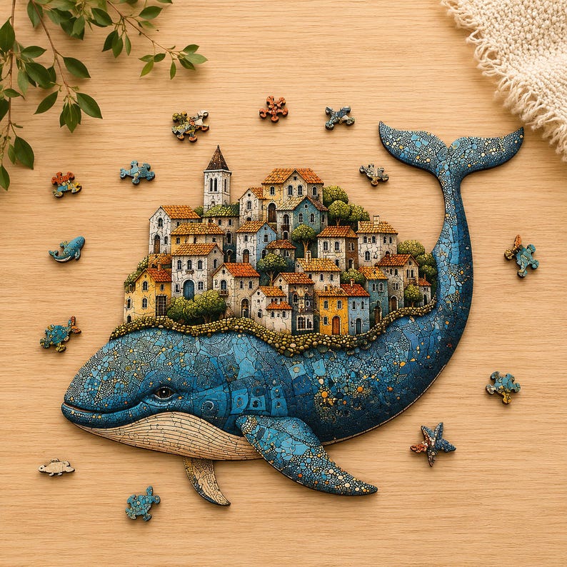 Blue Whale Wooden Puzzle, Mediterranean Village Jigsaw Puzzle, Unique Shape Wooden Puzzle, Ocean Lover Gift, birthday gift