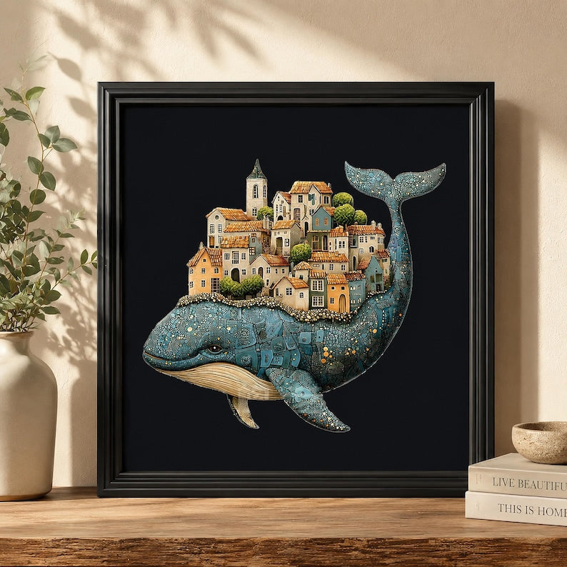 Blue Whale Wooden Puzzle, Mediterranean Village Jigsaw Puzzle, Unique Shape Wooden Puzzle, Ocean Lover Gift, birthday gift