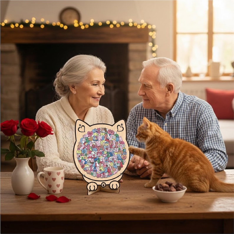 Cat & Heart Wooden Puzzle,  Anniversary Gift, Challenging Family Game, Anniversary Gift for Cat Lovers, Couple Puzzle, Romantic Gift for Her