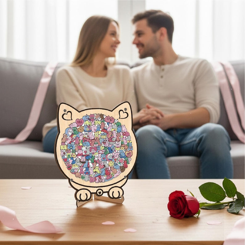 Cat & Heart Wooden Puzzle,  Anniversary Gift, Challenging Family Game, Anniversary Gift for Cat Lovers, Couple Puzzle, Romantic Gift for Her