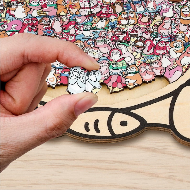 Penguin Wooden Puzzle, Cute Penguins Jigsaw Puzzle for Adults, Penguin Lover Gift, Romantic Couple Puzzle, Challenging Family Game,