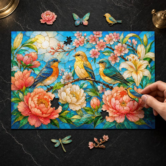 Bird Lover Wooden Puzzle, Floral Peony Garden Jigsaw, Stained Glass Art Gift for Adults