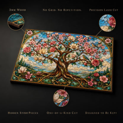 Luxury Wooden Jigsaw Puzzle, Tree of Life in Bloom, Stained Glass Art with StoryPieces