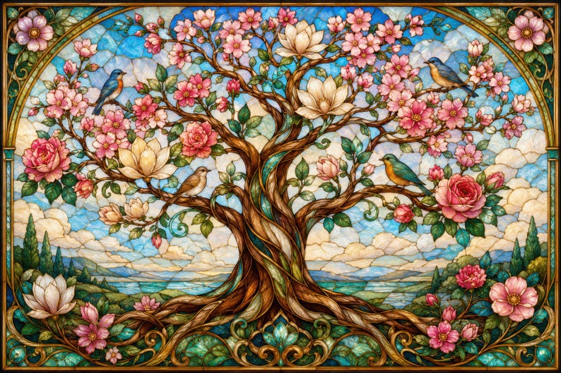 Luxury Wooden Jigsaw Puzzle, Tree of Life in Bloom, Stained Glass Art with StoryPieces
