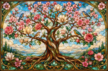 Luxury Wooden Jigsaw Puzzle, Tree of Life in Bloom, Stained Glass Art with StoryPieces