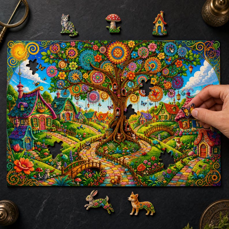 Wooden Jigsaw Puzzle for Adults, Bloomwood Hollow, Hidden StoryPieces, Cozy Cottagecore Art