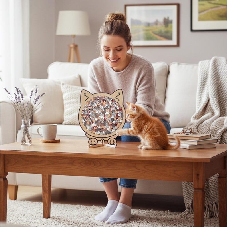 Cat Shaped Wooden Puzzle, Cute Cats Jigsaw Puzzle for Adults, Cat Lover Gift, Unique Animal Puzzle, Challenging Family Game