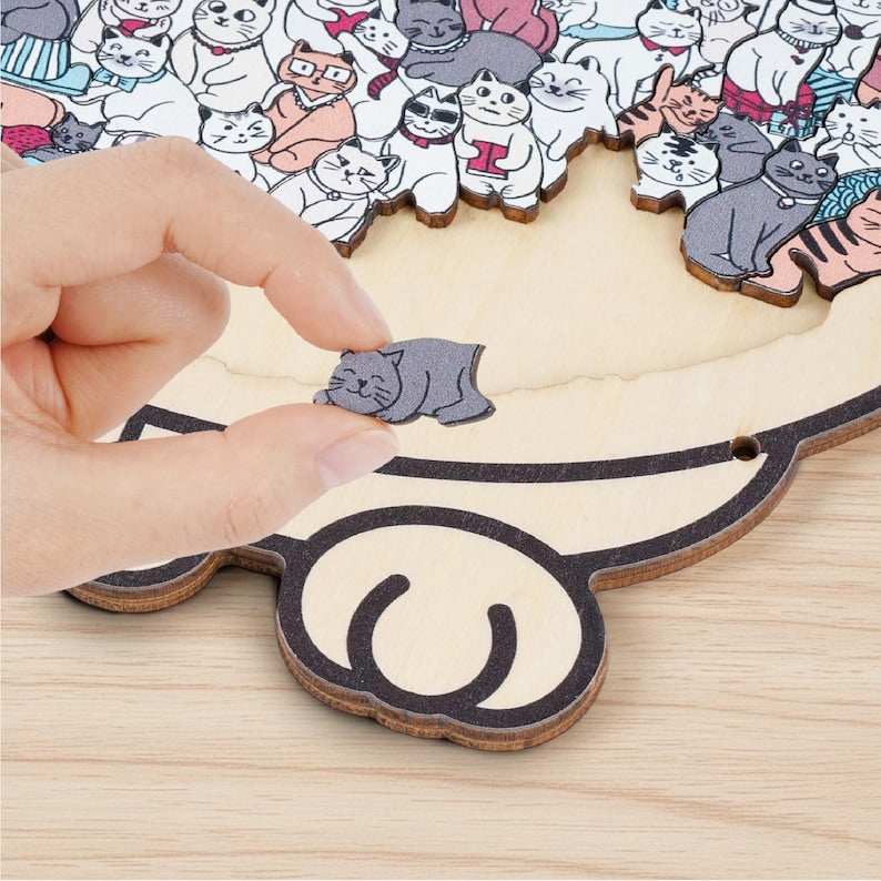 Cat Shaped Wooden Puzzle, Cute Cats Jigsaw Puzzle for Adults, Cat Lover Gift, Unique Animal Puzzle, Challenging Family Game