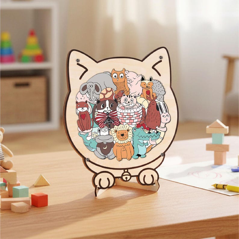 Kids Animal Wooden Puzzle, Cat Shaped Jigsaw Puzzle, Toddler Learning Toy, Educational Gift for Kids, Animal Puzzle, Family Game Night