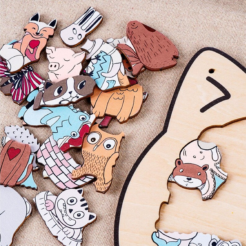Kids Animal Wooden Puzzle, Cat Shaped Jigsaw Puzzle, Toddler Learning Toy, Educational Gift for Kids, Animal Puzzle, Family Game Night