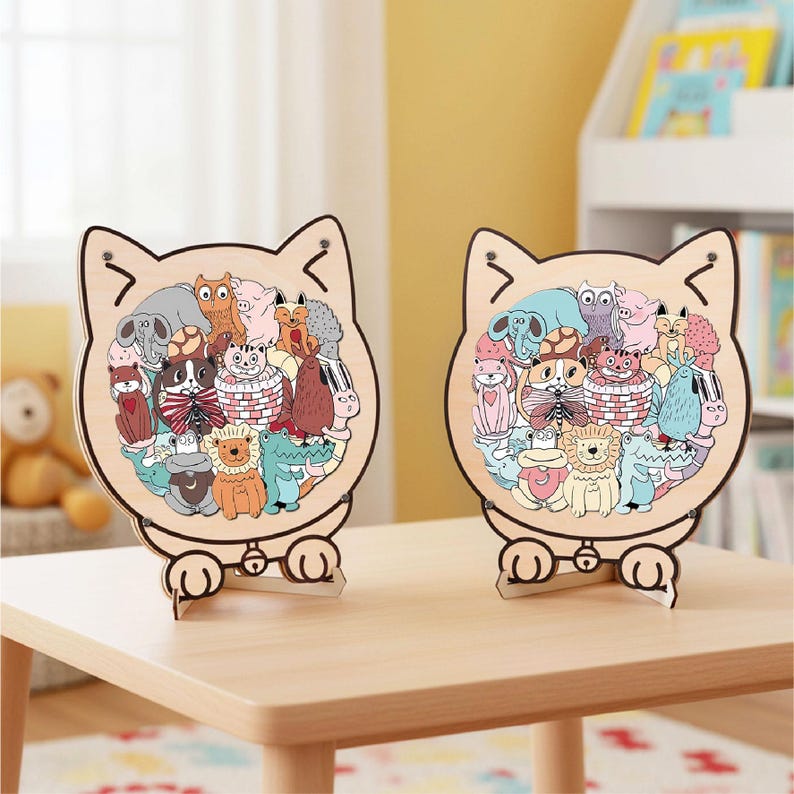 Kids Animal Wooden Puzzle, Cat Shaped Jigsaw Puzzle, Toddler Learning Toy, Educational Gift for Kids, Animal Puzzle, Family Game Night
