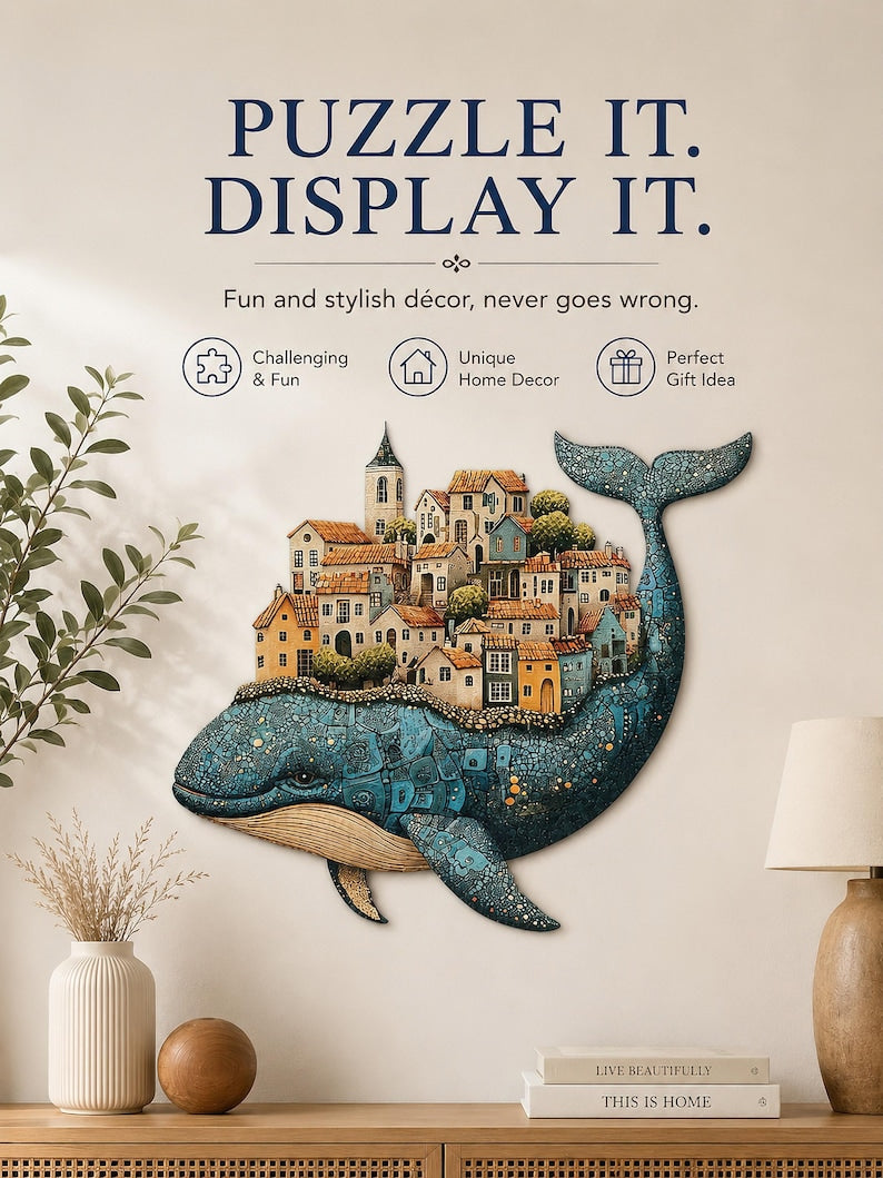 Blue Whale Wooden Puzzle, Mediterranean Village Jigsaw Puzzle, Unique Shape Wooden Puzzle, Ocean Lover Gift, birthday gift