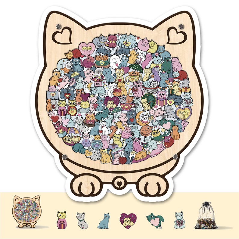 Cat & Heart Wooden Puzzle,  Anniversary Gift, Challenging Family Game, Anniversary Gift for Cat Lovers, Couple Puzzle, Romantic Gift for Her