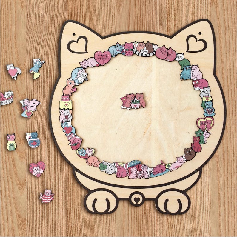 Cat & Heart Wooden Puzzle,  Anniversary Gift, Challenging Family Game, Anniversary Gift for Cat Lovers, Couple Puzzle, Romantic Gift for Her