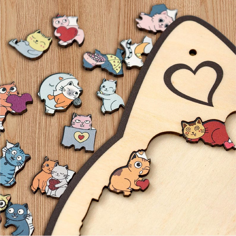 Cat & Heart Wooden Puzzle,  Anniversary Gift, Challenging Family Game, Anniversary Gift for Cat Lovers, Couple Puzzle, Romantic Gift for Her