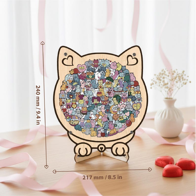 Cat & Heart Wooden Puzzle,  Anniversary Gift, Challenging Family Game, Anniversary Gift for Cat Lovers, Couple Puzzle, Romantic Gift for Her