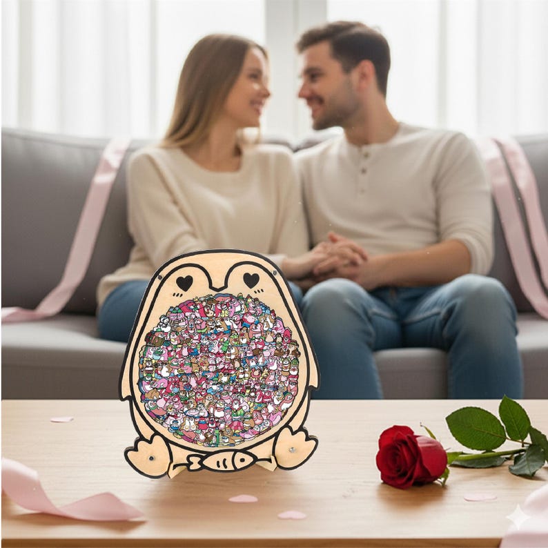 Penguin Wooden Puzzle, Cute Penguins Jigsaw Puzzle for Adults, Penguin Lover Gift, Romantic Couple Puzzle, Challenging Family Game,