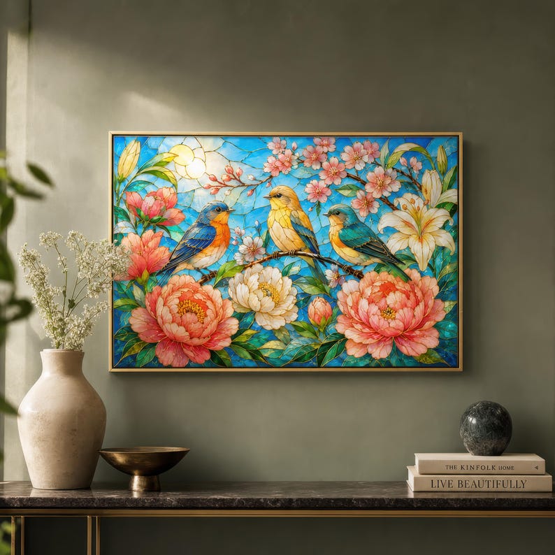 Bird Lover Wooden Puzzle, Floral Peony Garden Jigsaw, Stained Glass Art Gift for Adults