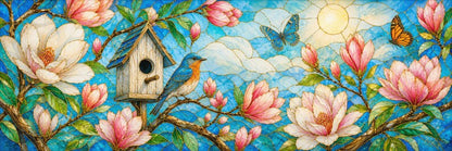 Bird Lover Wooden Puzzle, Floral Peony Garden Jigsaw, Stained Glass Art Gift for Adults