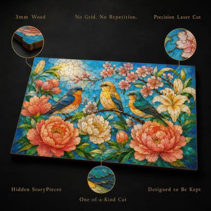 Bird Lover Wooden Puzzle, Floral Peony Garden Jigsaw, Stained Glass Art Gift for Adults