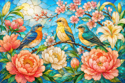 Bird Lover Wooden Puzzle, Floral Peony Garden Jigsaw, Stained Glass Art Gift for Adults
