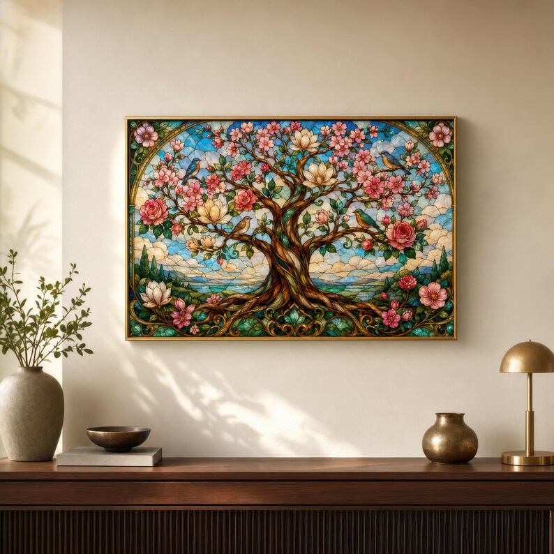 Luxury Wooden Jigsaw Puzzle, Tree of Life in Bloom, Stained Glass Art with StoryPieces