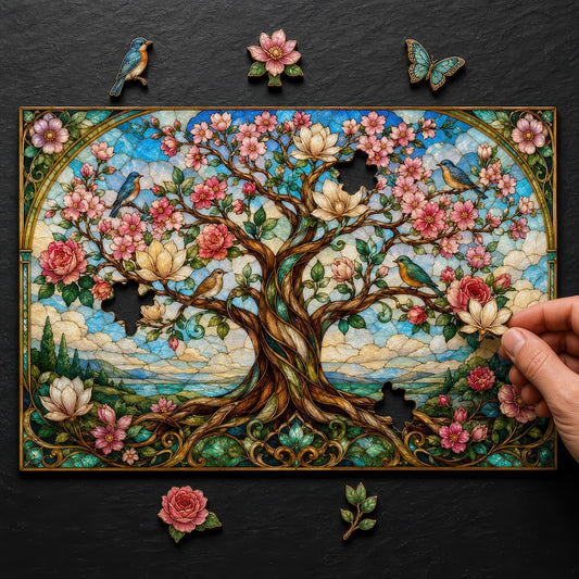 Luxury Wooden Jigsaw Puzzle, Tree of Life in Bloom, Stained Glass Art with StoryPieces