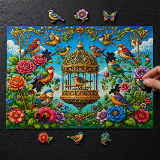 Wooden Jigsaw Puzzle for Adults, Birds & Blossoms, Hidden StoryPieces, Bird Lover Gift