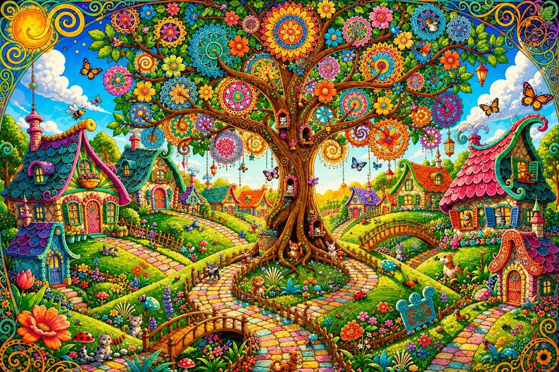Wooden Jigsaw Puzzle for Adults, Bloomwood Hollow, Hidden StoryPieces, Cozy Cottagecore Art