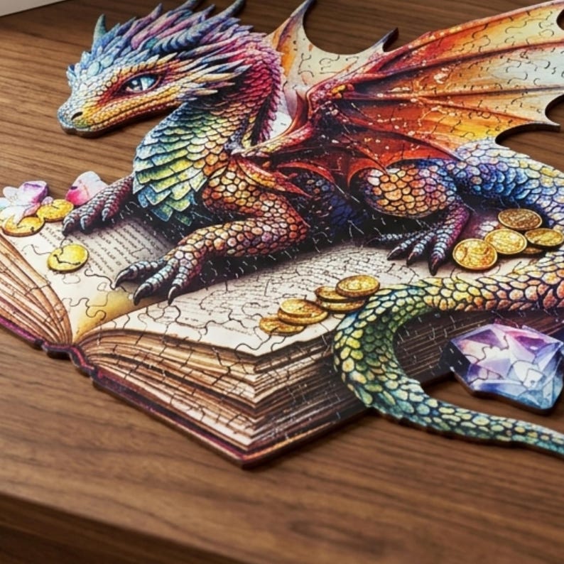 Dragon Wooden Puzzle for Adults, Animal Shaped Jigsaw Puzzle, Fantasy Wood Brain Teaser, Unique Dragon Gift, Decorative Wall Art