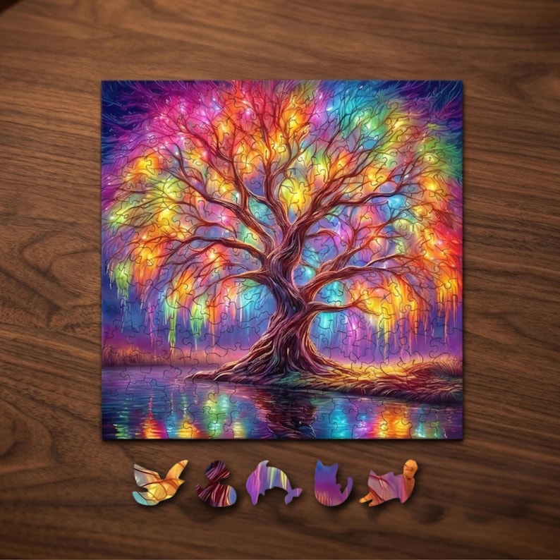 Colorful Tree Wooden Puzzle for Adults, Animal Shaped Jigsaw Puzzle, Unique Wooden Brain Teaser, Nature Puzzle Gift, Tree Wall Art Decor