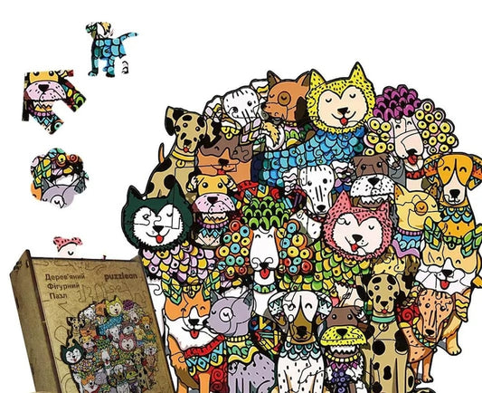 Wooden Puzzle Puppy Planet in Wooden Box – Unique Dog-Themed Jigsaw Puzzle, Gift for Dog Lovers, Available in 5 Sizes