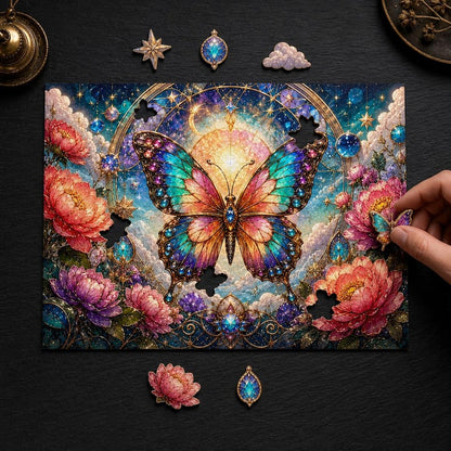 Butterfly Handmade Wooden Jigsaw Puzzle, Stained Glass Flowers, Art Gift