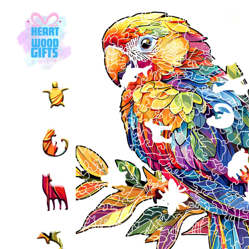Parrot Wooden Puzzle for Adults, Animal Shaped Jigsaw Puzzle, Colorful Bird Wood Puzzle, Wall Art, Parrot Lover Gift Idea