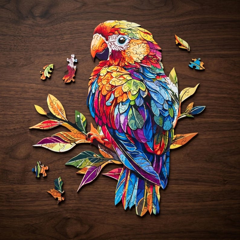 Parrot Wooden Puzzle for Adults, Animal Shaped Jigsaw Puzzle, Colorful Bird Wood Puzzle, Wall Art, Parrot Lover Gift Idea