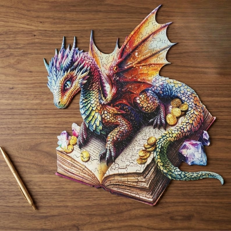 Dragon Wooden Puzzle for Adults, Animal Shaped Jigsaw Puzzle, Fantasy Wood Brain Teaser, Unique Dragon Gift, Decorative Wall Art