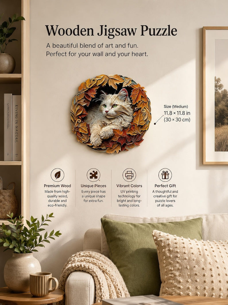 Cute Cat Wooden Puzzle, Maple Leaf Animal Puzzle, Unique Irregular Shape Wooden Puzzle, Gift for Kids Adults, Wall Art Decor, Gift for Her