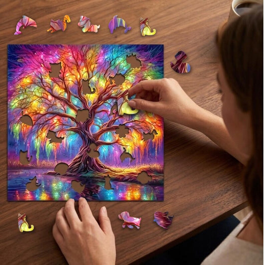 Colorful Tree Wooden Puzzle for Adults, Animal Shaped Jigsaw Puzzle, Unique Wooden Brain Teaser, Nature Puzzle Gift, Tree Wall Art Decor