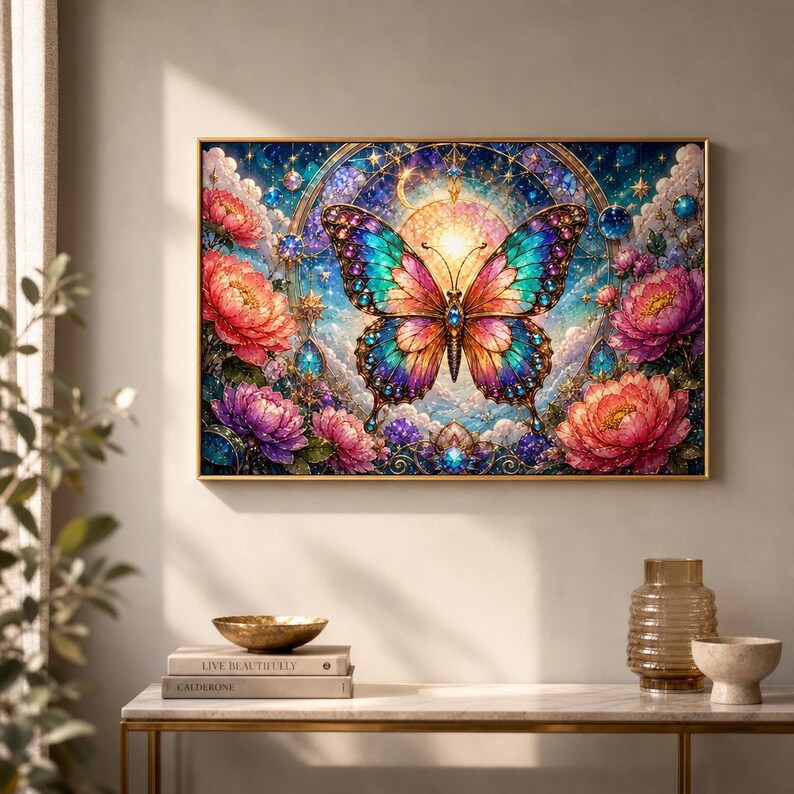 Butterfly Handmade Wooden Jigsaw Puzzle, Stained Glass Flowers, Art Gift