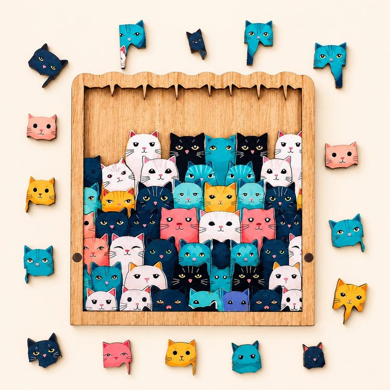 Wooden Cat Jigsaw Puzzle, Colorful Kitty, 62 Pieces, Whimsical Animal Game
