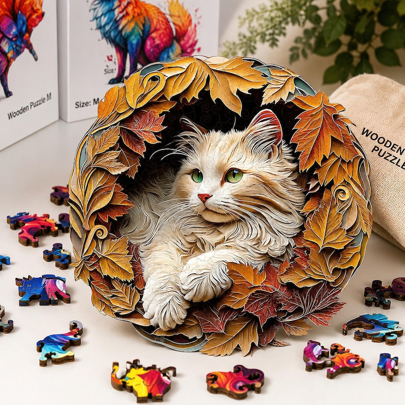 Cute Cat Wooden Puzzle, Maple Leaf Animal Puzzle, Unique Irregular Shape Wooden Puzzle, Gift for Kids Adults, Wall Art Decor, Gift for Her