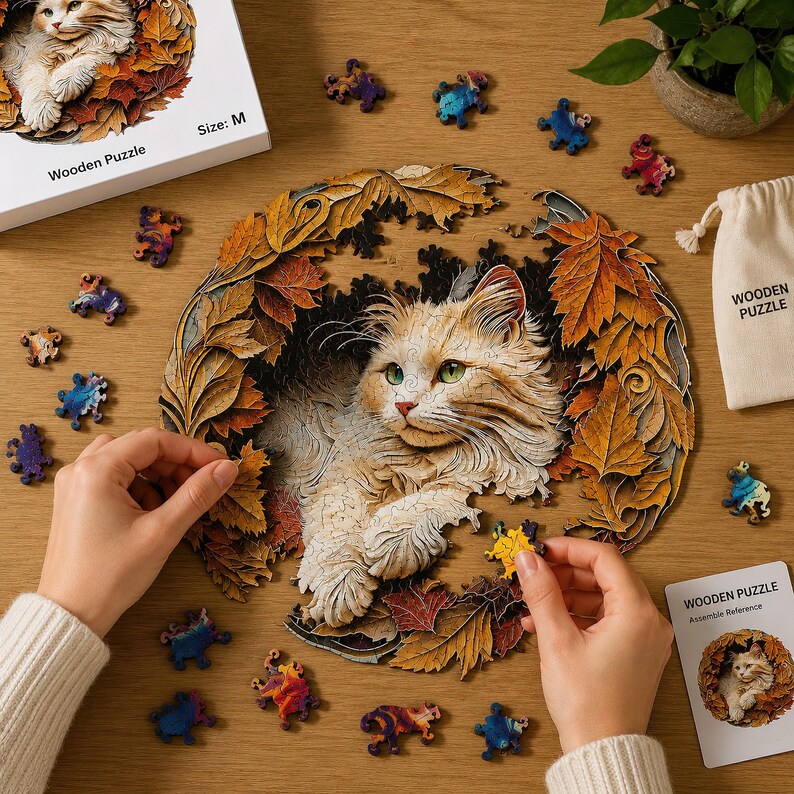 Cute Cat Wooden Puzzle, Maple Leaf Animal Puzzle, Unique Irregular Shape Wooden Puzzle, Gift for Kids Adults, Wall Art Decor, Gift for Her