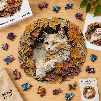 Cute Cat Wooden Puzzle, Maple Leaf Animal Puzzle, Unique Irregular Shape Wooden Puzzle, Gift for Kids Adults, Wall Art Decor, Gift for Her